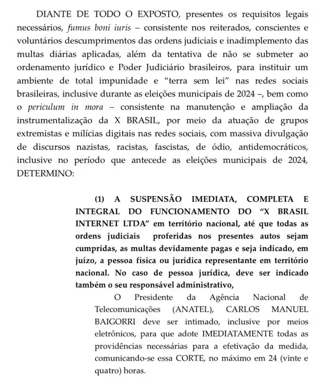 Moraes determina suspensão da rede social X no Brasil