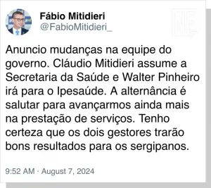 Fábio Mitidieri anuncia mudança no Comando da Saúde