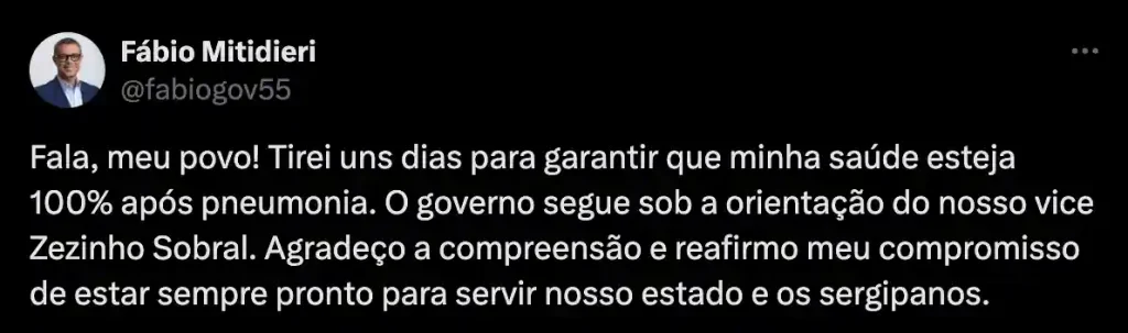 Mitidieri havia informado no dia 26 que precisaria se afastar novamente para recuperar-se da doença