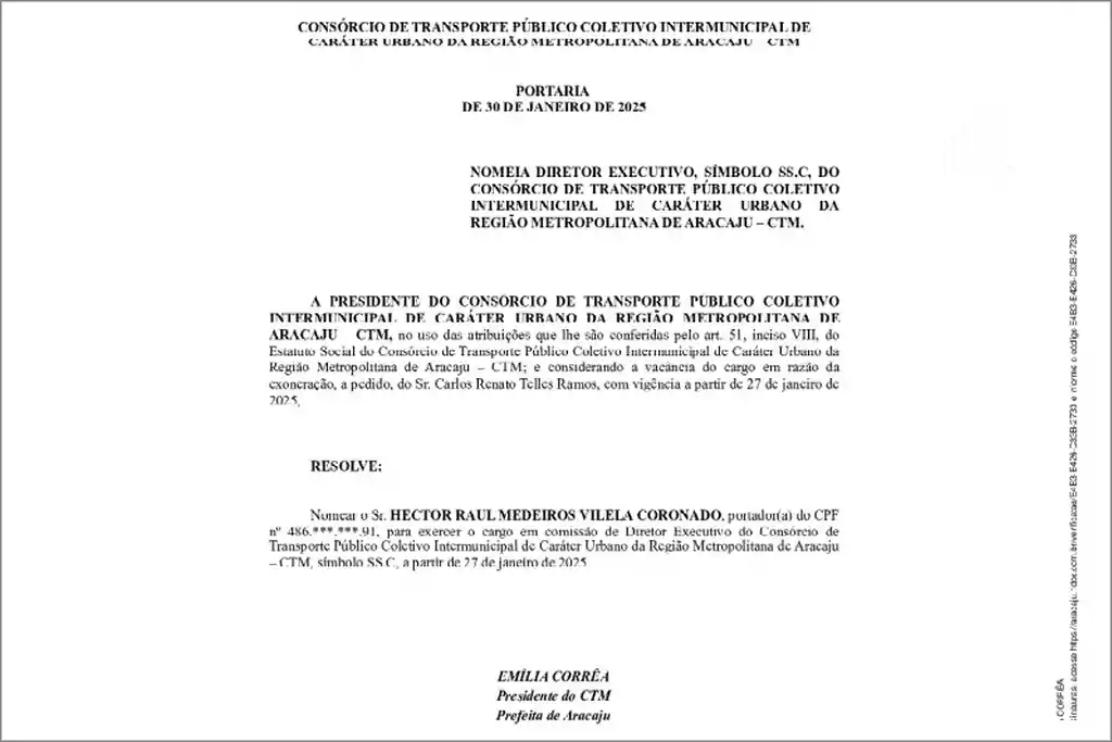 Diário Oficial com a nomeação de Hector Raul Medeiros, como diretor-executivo do Consórcio do Transporte Metropolitano da Grande Aracaju